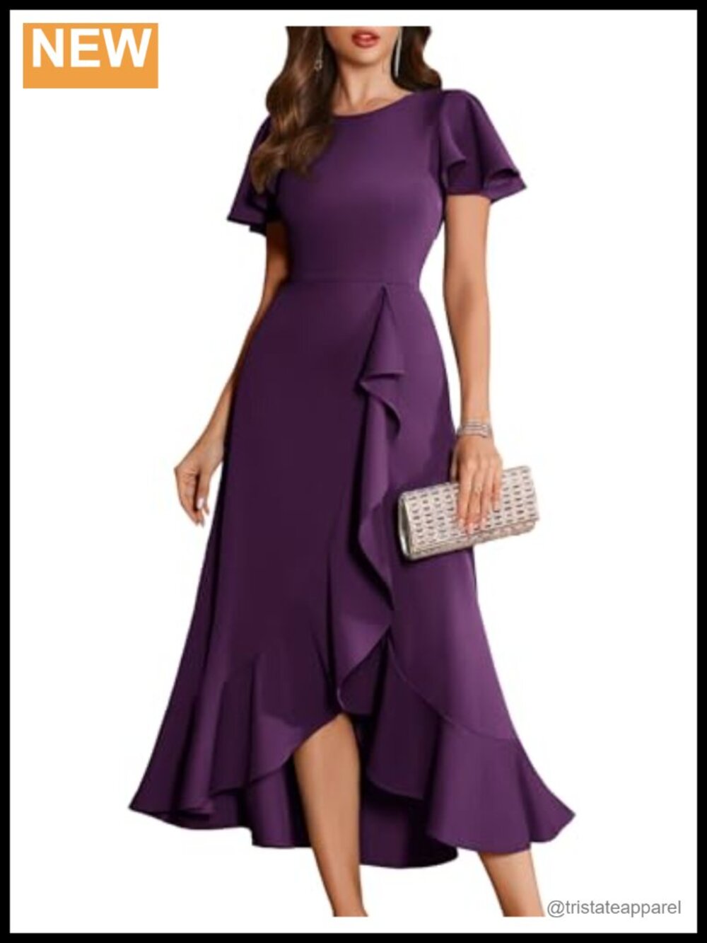 Formal Maxi Dress with Flutter Sleeves and Ruffled Asymmetrical Hem